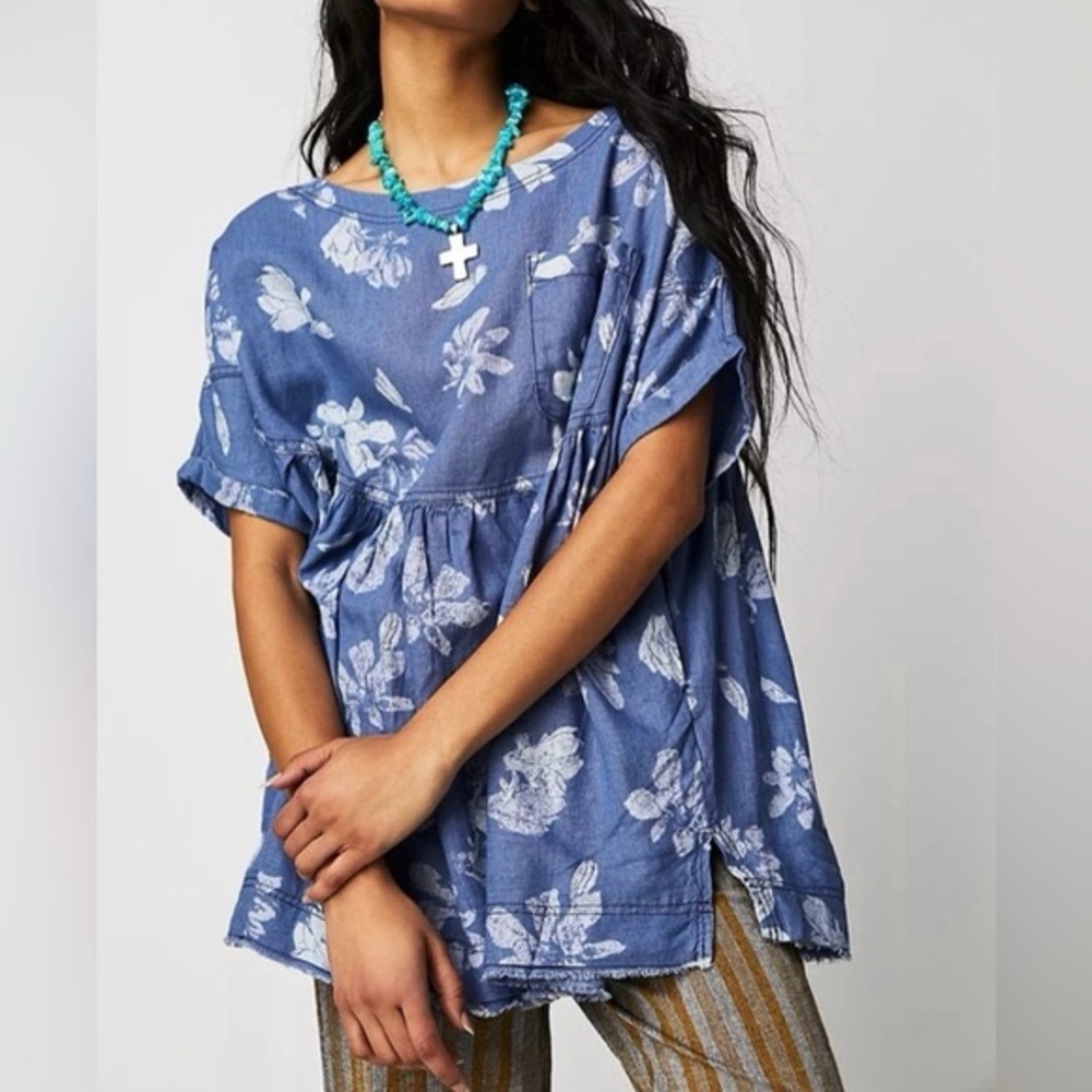 SOLD Free People We The Free Moon City Top Tunic - Chambray Combo